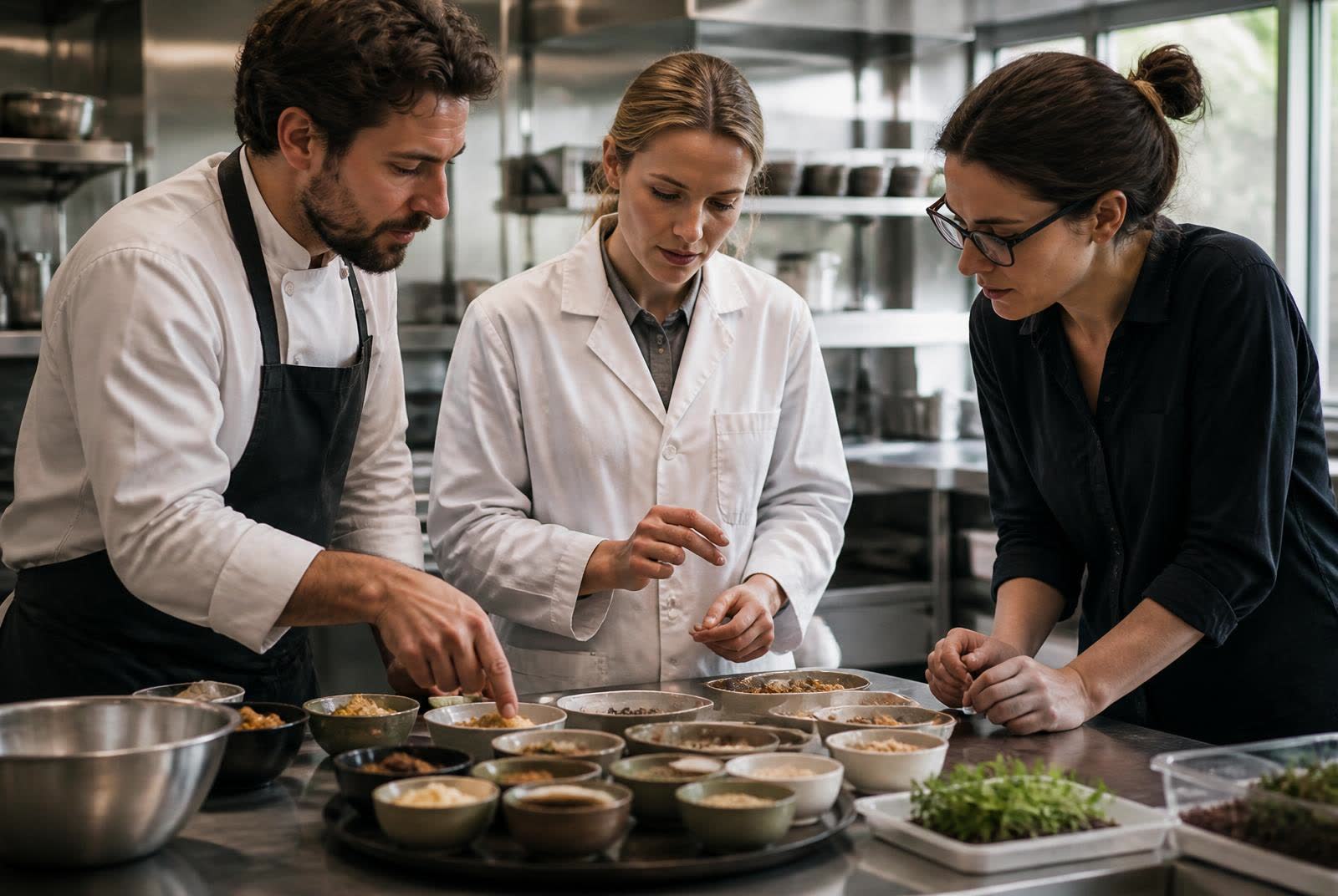 R&D chef, food scientist and development colleague working around food prototypes