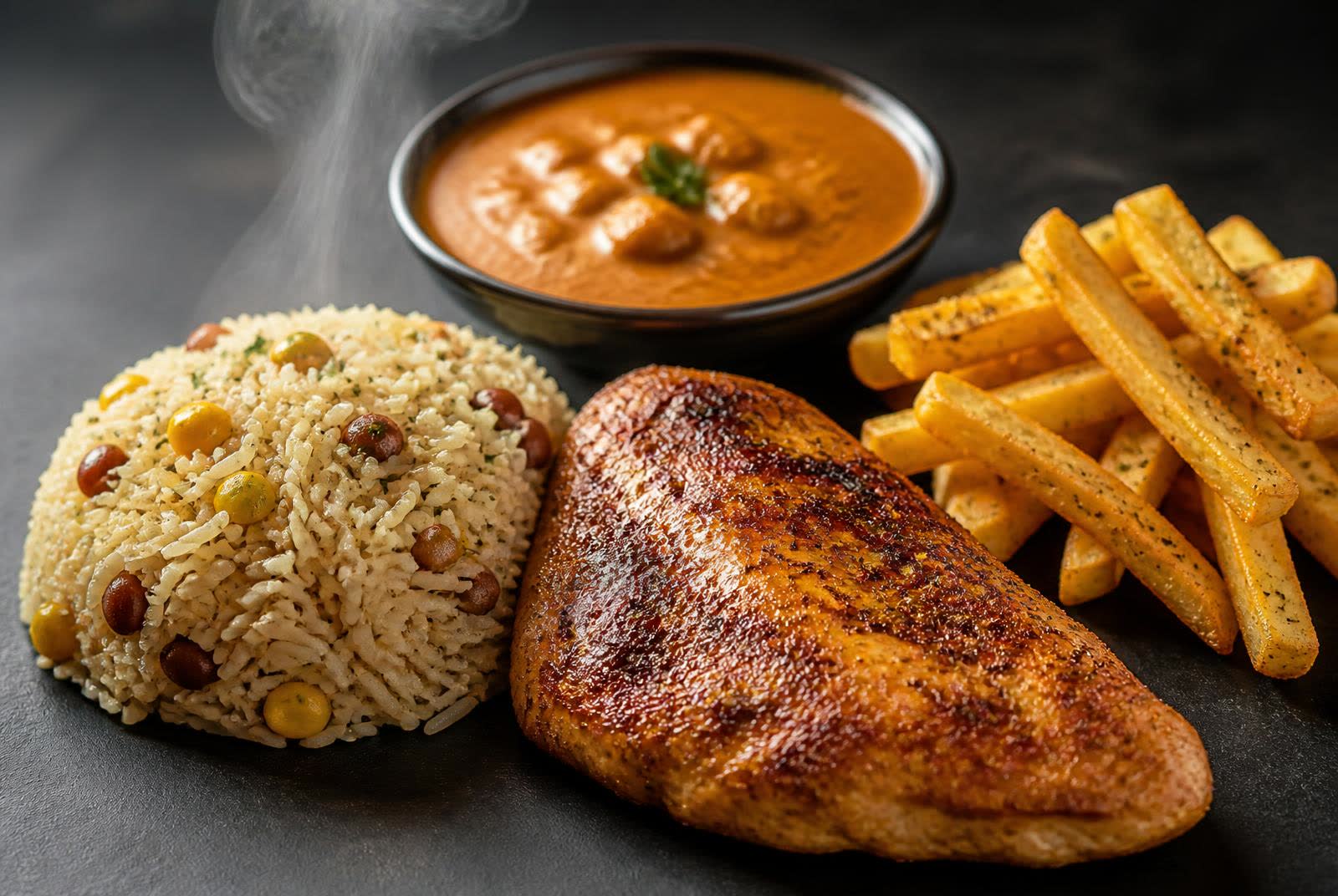 Food development composition of pre-cooked rice, coated fries, seasoned protein and a culinary sauce