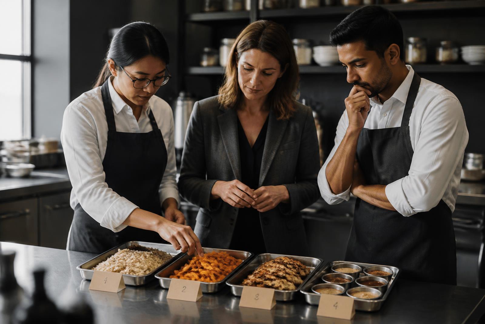 Knoxx food scientists and a customer product development manager reviewing numbered food prototypes together