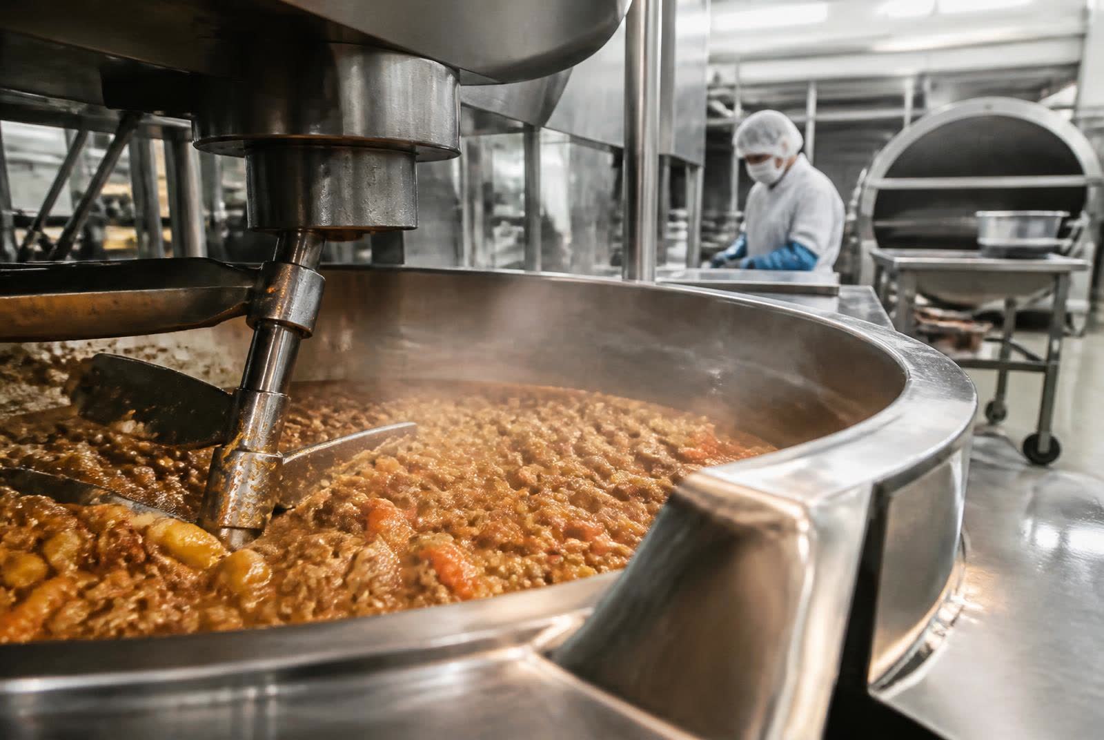 Industrial cooking kettle mixing product during commercial food production