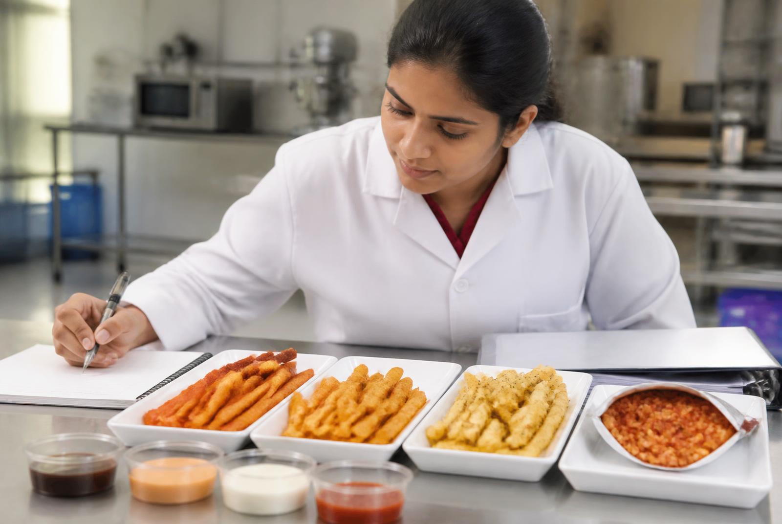 Food scientist reviewing finished food prototypes and technical notes during development