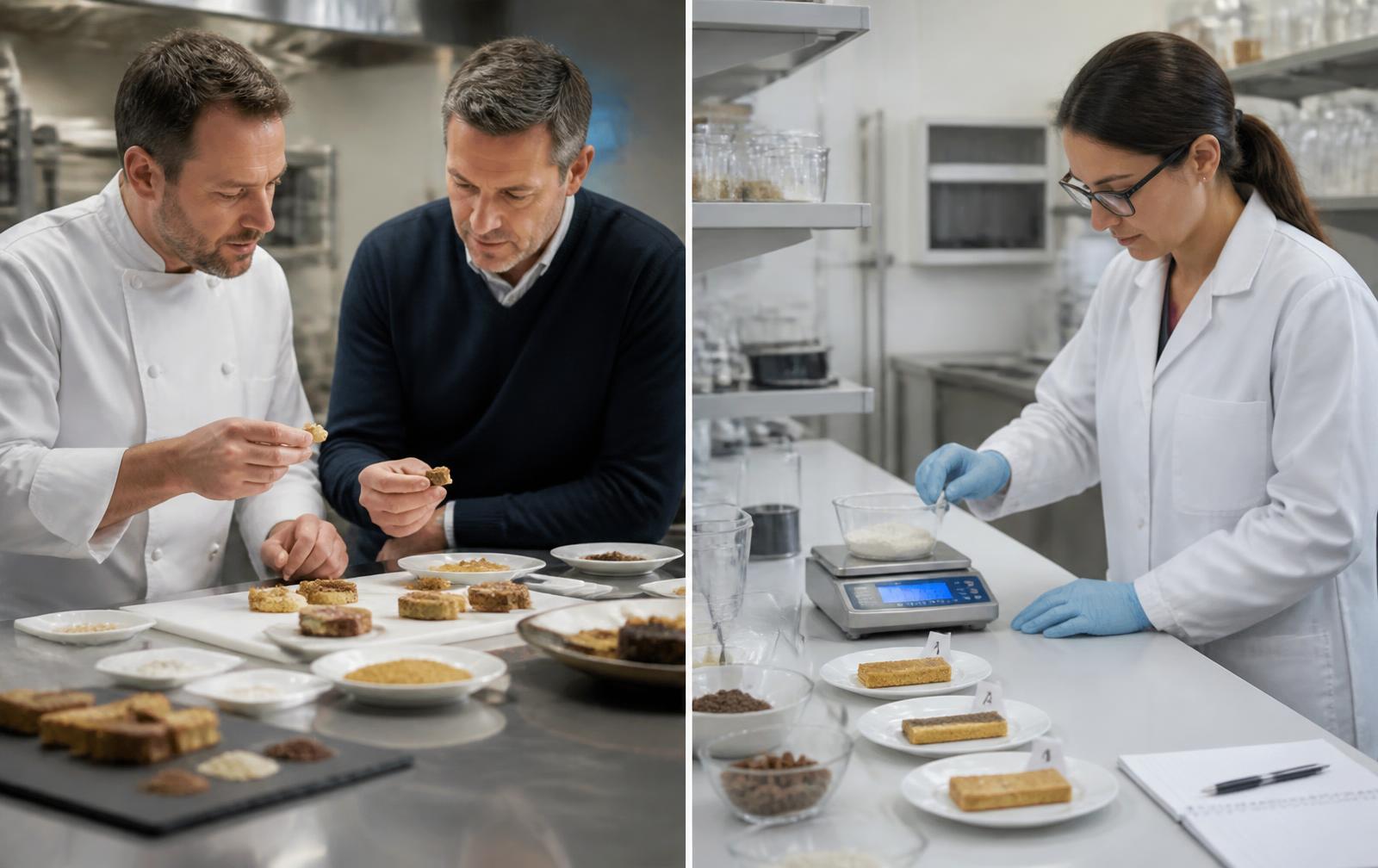 An R&D chef and a food manufacturing customer evaluating food samples alongside a food scientist developing formulations in an application-development laboratory