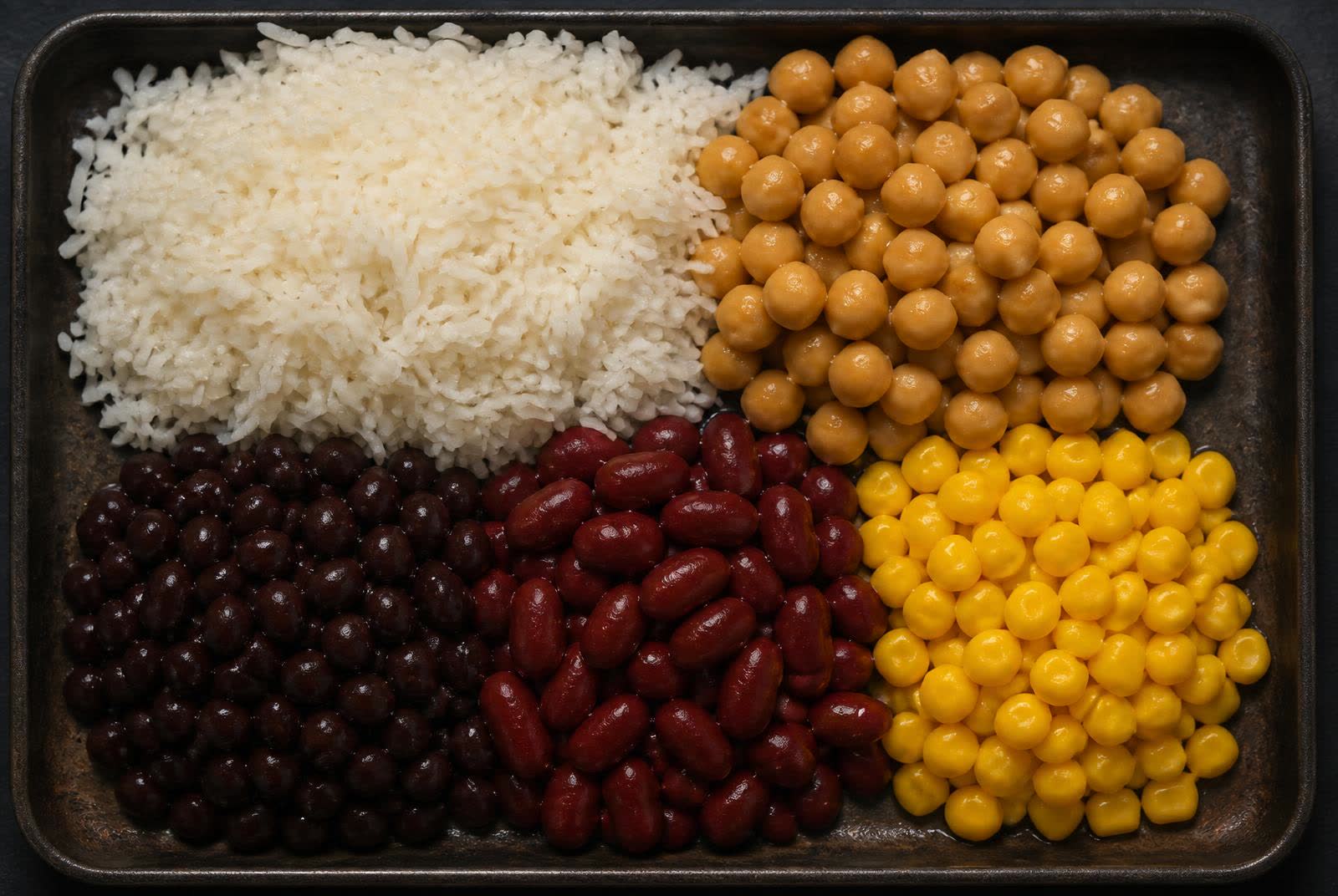 Pre-cooked rice and pulses prepared as shelf-stable retort components