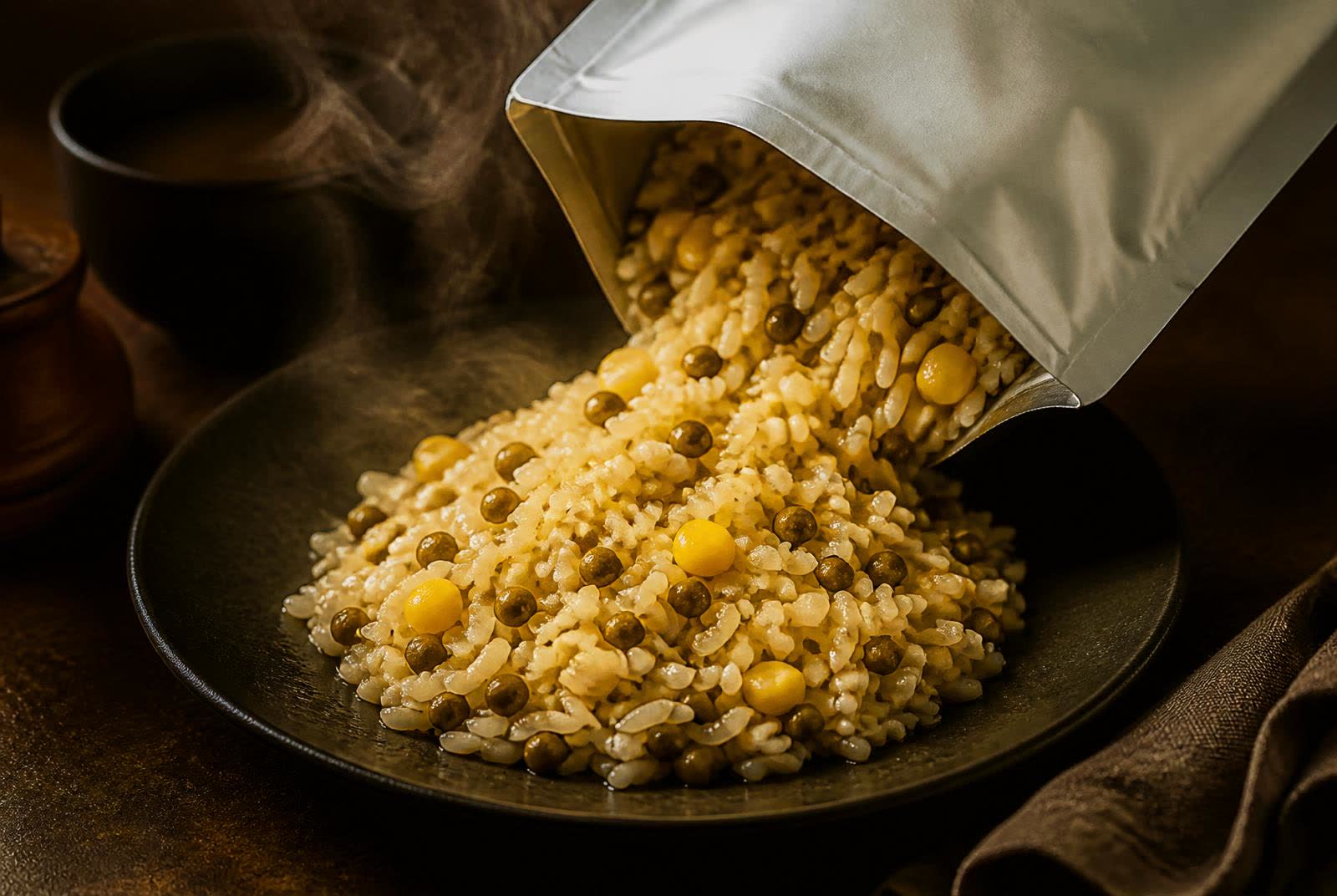 Pre-cooked shelf-stable rice served from a retort pouch