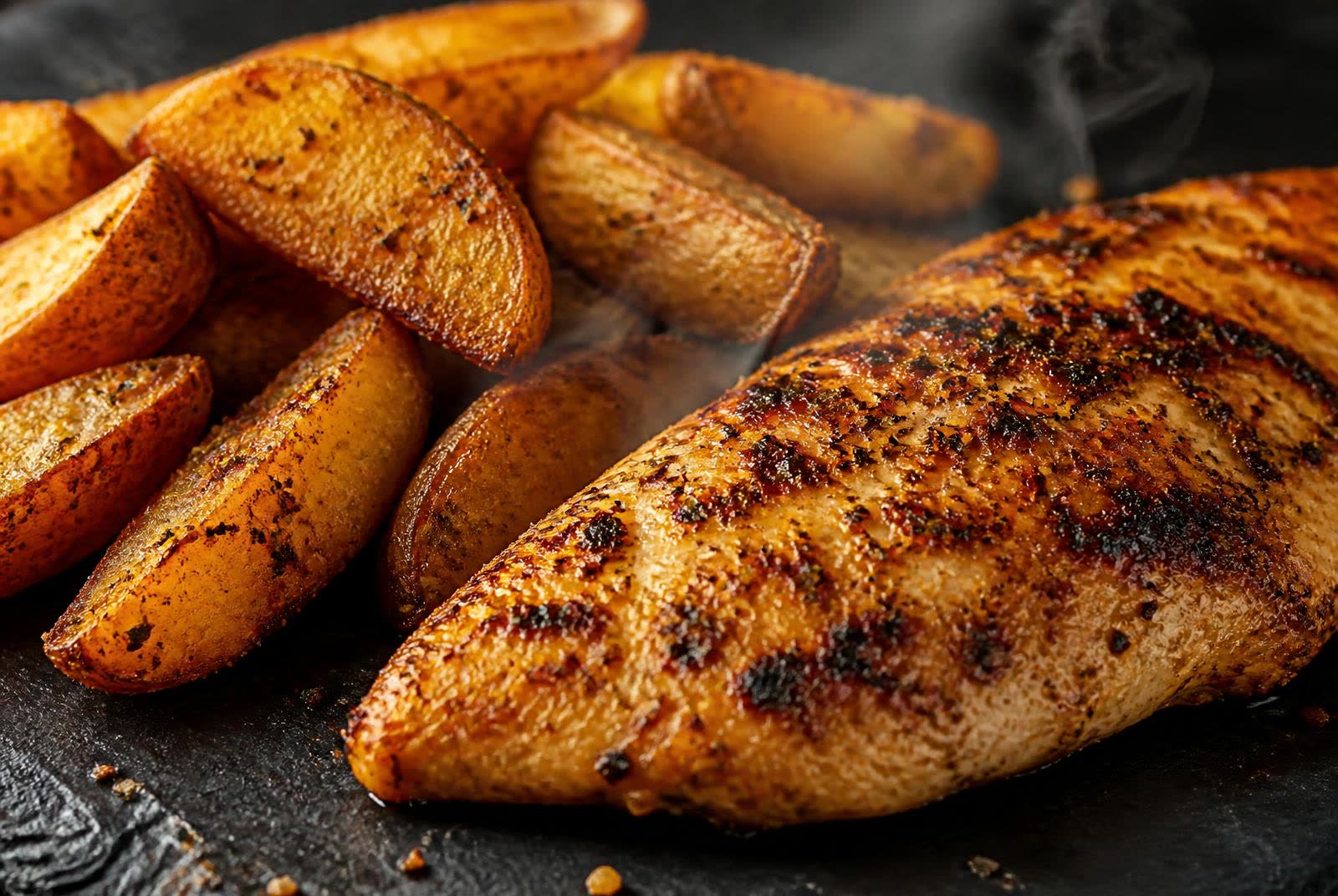 Seasoned potato wedges and seasoned grilled protein as a finished food application