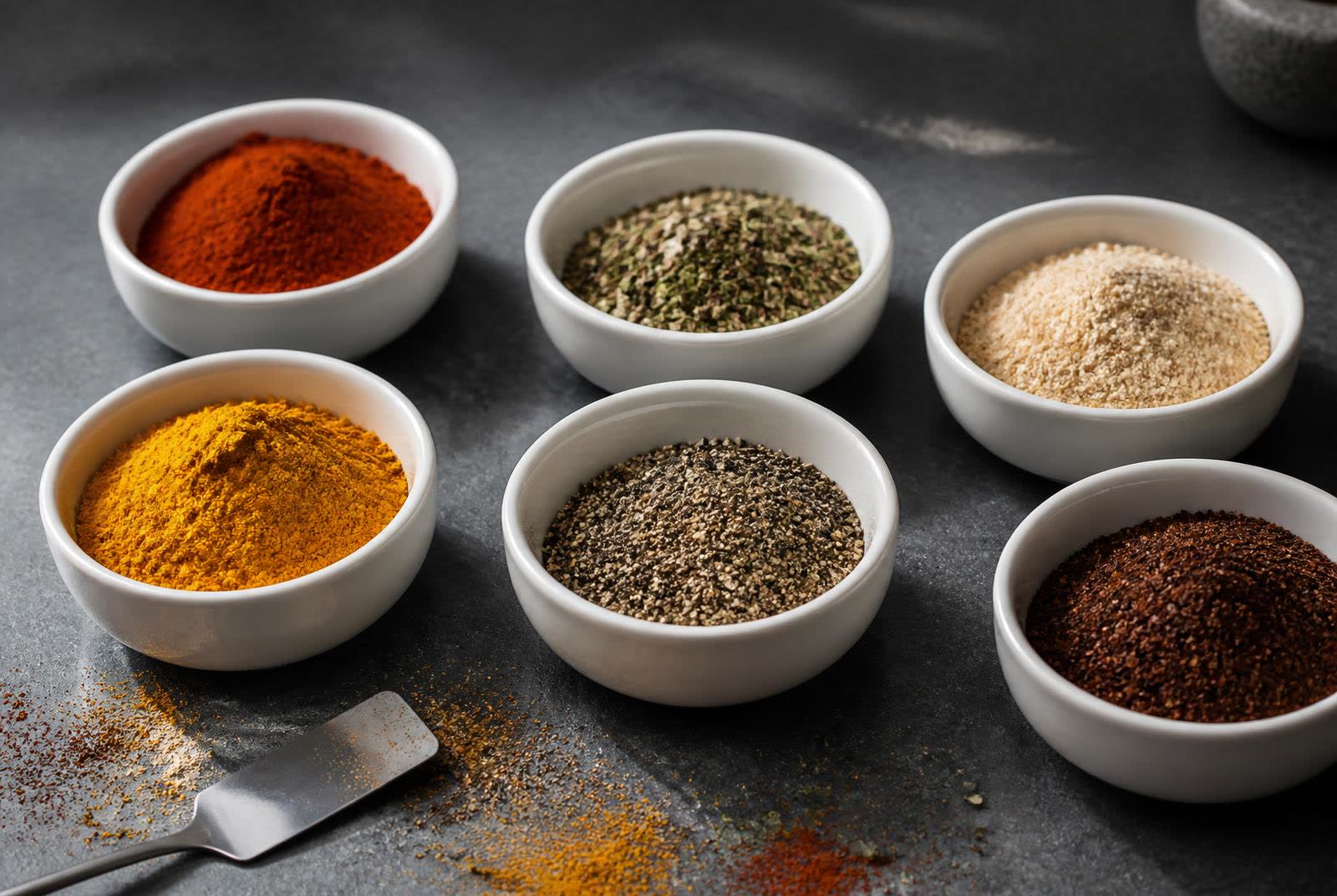 Several dry seasoning systems in bowls on a development bench showing natural variation in colour and texture