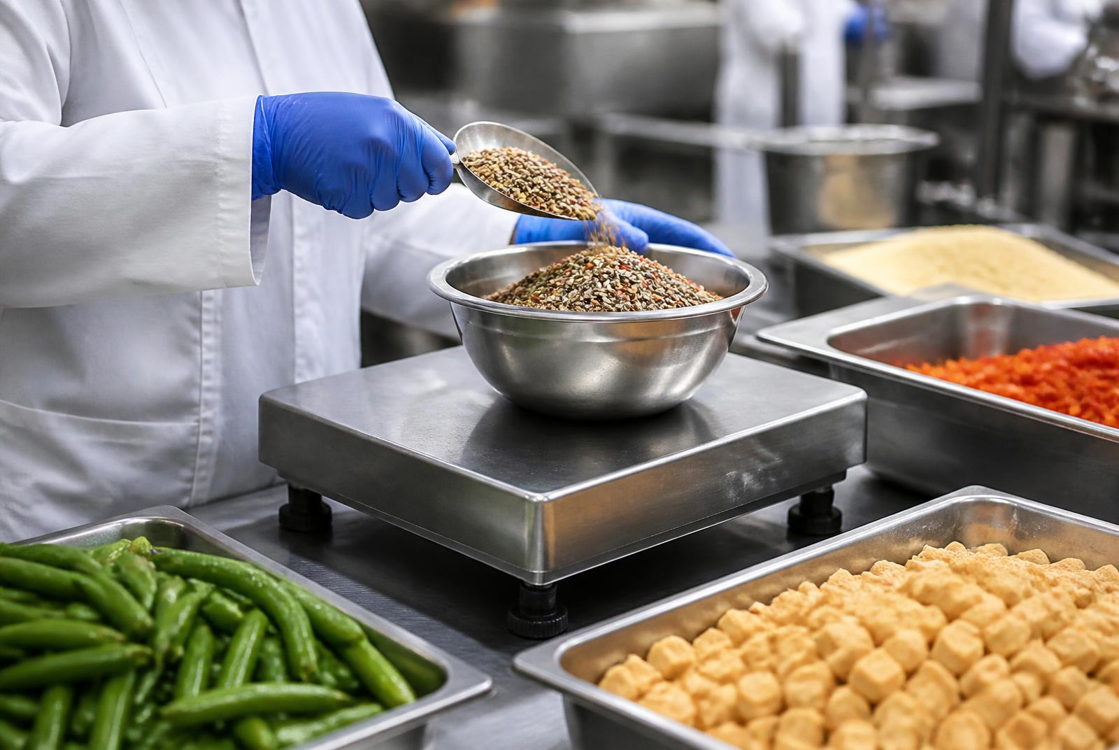 Weighing and preparation station in a commercial food production area